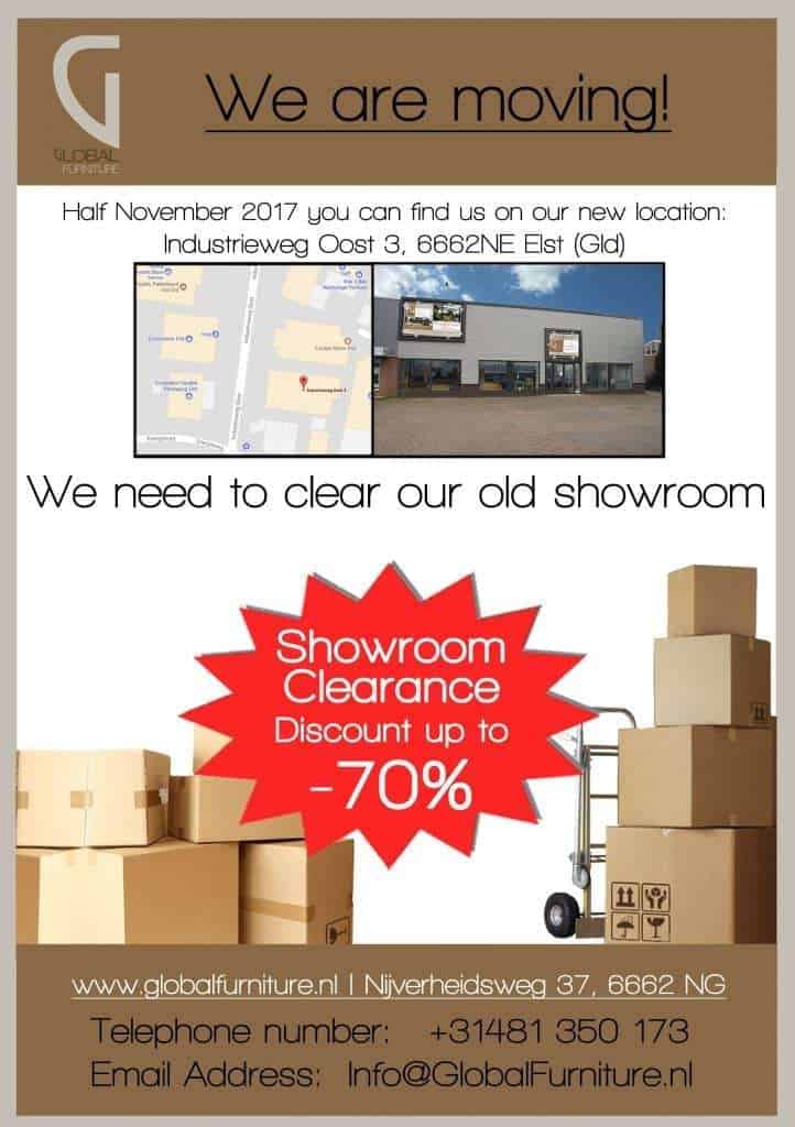 Global furniture Elst is moving to a new bigger location, showroom clearance sale !